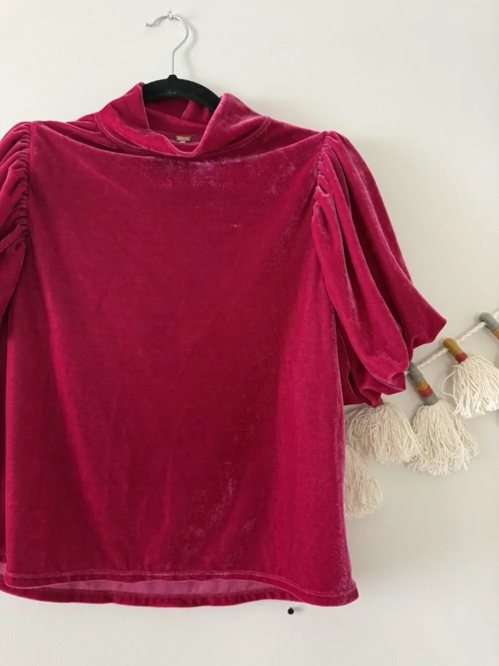 Free People Claudia Pink Velvet Puff Sleeve Mock Neck Top Glam Feminine Coquette